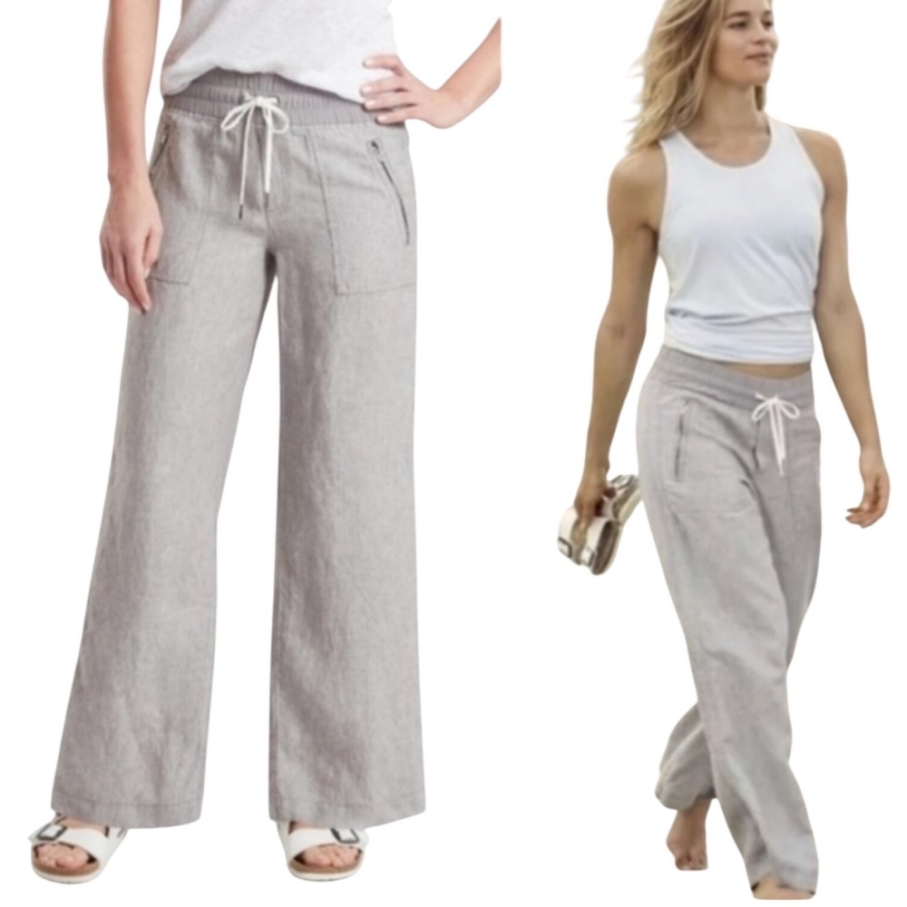 Athleta Cabo Linen Wide Leg Pants Womens 4 Gray Drawstring Resort Beach Coastal